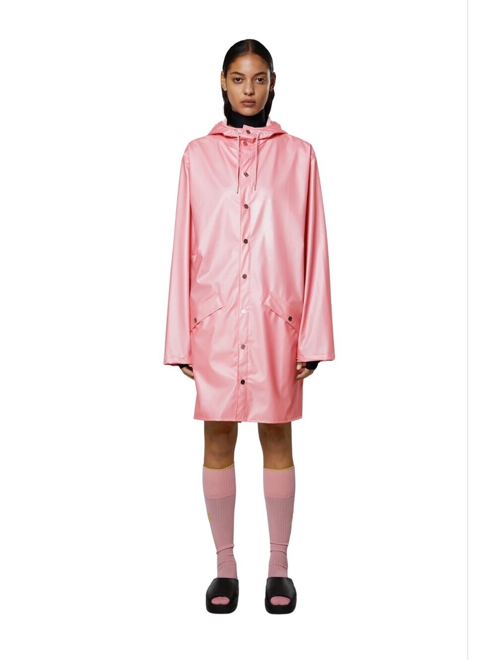 NWT RAINS Long Jacket Raincoat Pink Sky Outerwear Streetwear Waterproof Hood M